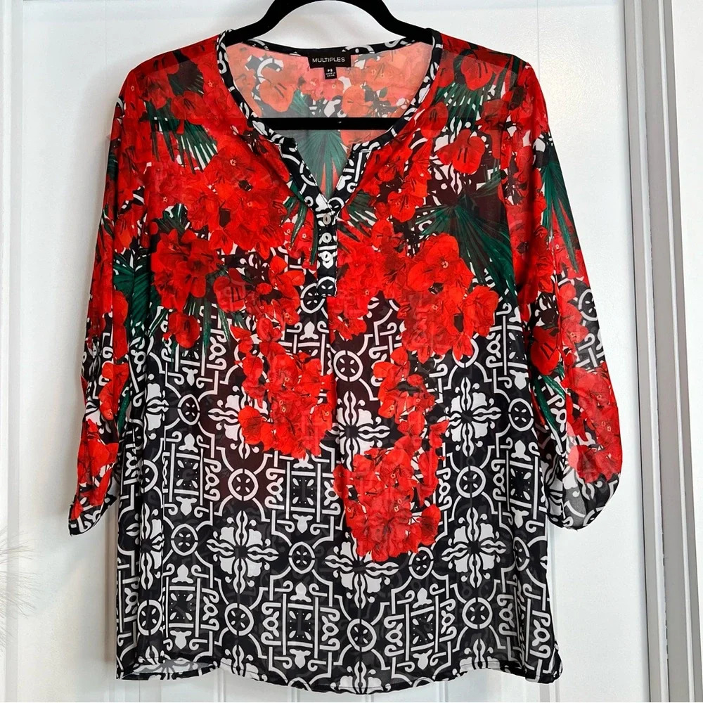 Multiples Sheer Black Blouse with‎ Red Rose Design. Size Petite Small.